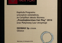 Certyfikat "Przedsiębiorstwo Fair Plary" (2016)