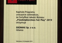 Certyfikat "Przedsięiorstwo Fair Play" (2019)