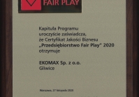 Certyfikat "Przedsięiorstwo Fair Play" (2020)