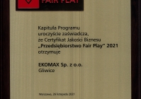 Certyfikat "Przedsięiorstwo Fair Play" (2021)